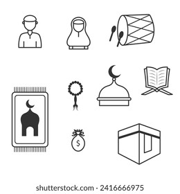 The Islamic Ramadan icon set design is simple and unique. Koran, Kaaba, prayer mat, gamis, prayer beads etc