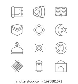 Islamic Ramadan Icon Set, Good To Use For Ramadan Month Content, Carpet, Drum, Quran, Kabah, Mandala, Moon And Star, Mosque, Sun, Fasting, Ketupat, Lantern