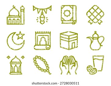 Conjunto de iconos islámicos de Ramadán en estilo de contorno de marcador dibujado a mano. Doodle Ilustraciones vectoriales con mezquita, luna creciente y otros. Símbolos escritos a mano como niños con líneas orgánicas suaves aisladas.