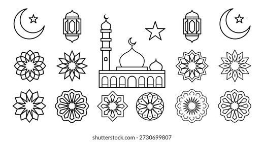 Ícones islâmicos do ramadã com lanternas de mesquita e lua crescente