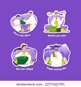 Etiquetas de ilustraciones islámicas de Ramadán, los musulmanes comparten con otros, dando sadaqah significa dar limosnas voluntariamente, pagando zakat y saludos de día de ayuno