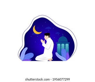 Islamic ramadan illustrations. Vector design of praying person with lantern, crescent moon and little stars as well as blue gradient background. Suitable for banners, posters, wallpapers, etc.