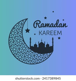 Islamic Ramadan Kareem background with blue crescent moon star and mosque.