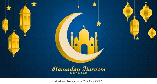 Islamic Ramadan Kareem Background with Crescent Moon and Lanterns