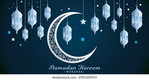 Islamic Ramadan Kareem Background with Crescent Moon and Lanterns