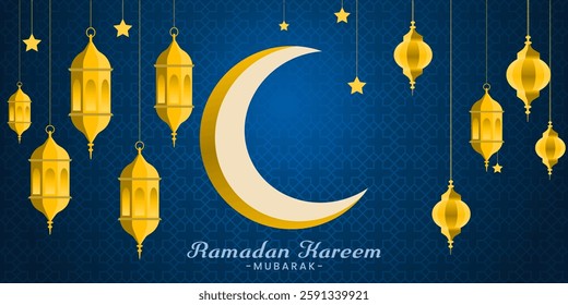 Islamic Ramadan Kareem Background with Crescent Moon and Lanterns