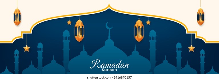 Diseño de fondo islámico Ramadan Kareem con lámparas de oro y mezquita. Ilustración del vector