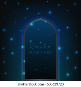 Islamic Ramadan Kareem background. Glowing door with flying shiny particles and pattern.