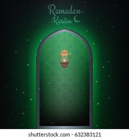Islamic Ramadan Kareem background. Glowing door with flying shiny particles and pattern