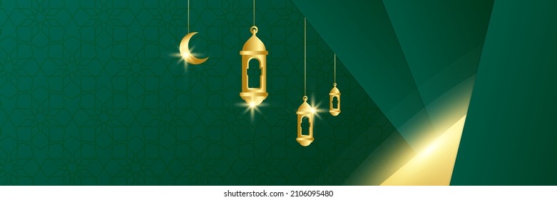 Islamic Ramadan Kareem banner background. Gold lantern, mandala pattern, mosque, moon and abstract luxury islamic elements background