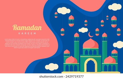 Islamic ramadan kareem banner background design template with mosque flat illustration. - Vector.
