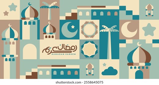 Islamic Ramadan Kareem banner colorful style. Features images of mosques, moons, domes and lanterns. Minimalist illustration. Calligraphy translation: Ramadan Kareem.