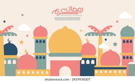 Islamic Ramadan Kareem banner design geometric and colorful style. Features images of mosques, moons and domes. Minimalist illustration.
