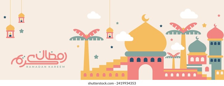 Islamischer Ramadan Kareem Banner Design geometrisch und bunt Stil. Enthält Bilder von Moscheen, Monden, Kuppeln und Laternen. Minimalistische Illustration.