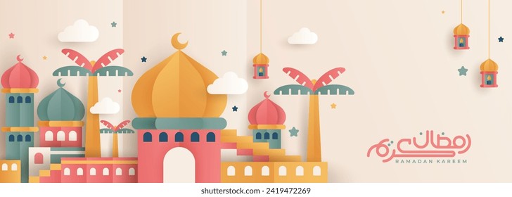 El Ramadan Islámico Kareem, un banner de diseño cortado y estilo colorido. Imágenes de mezquitas, lunas, domos y faroles. Ilustración minimalista.