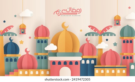 El Ramadan Islámico Kareem, un banner de diseño cortado y estilo colorido. Imágenes de mezquitas, lunas, domos y faroles. Ilustración minimalista.