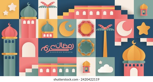 El Ramadan Islámico Kareem, un banner de diseño cortado y estilo colorido. Imágenes de mezquitas, lunas, domos y faroles. Ilustración minimalista.