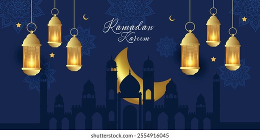 Islamic Ramadan Kareem design background with mandala pattern, hanging lantern, moon and star
