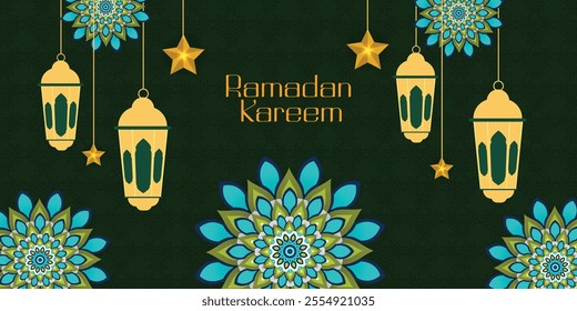 Islamic Ramadan Kareem design background with mandala pattern, hanging lantern and star