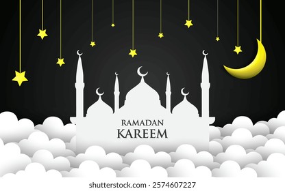 Islamic Ramadan Kareem design crescent moon and mosque dome silhouette with pattern. vector illustration