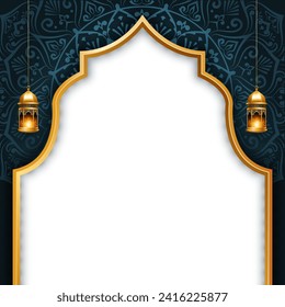 Islamic ramadan kareem eid mubarak arch door golden frame luxury pattern background banner design with gold lantern. Translation. "Muslim fasting month and celebration day after fasting."