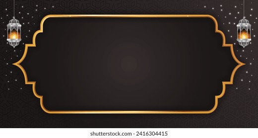 Islamic ramadan kareem eid mubarak arabic golden banner text box frame black background banner design illustration. Translation. "Muslim fasting month and celebration day after fasting."