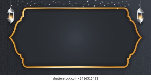 Islamic ramadan kareem eid mubarak arabic golden banner text box frame background banner design illustration. Translation. "Muslim fasting month and celebration day after fasting."