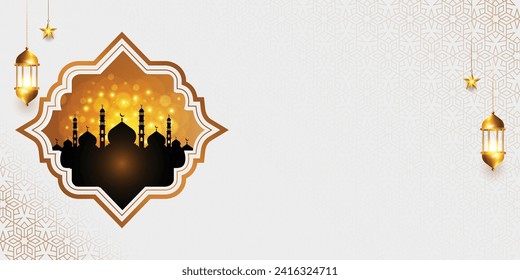 Islamic ramadan kareem eid mubarak arabic mosque bokeh empty horizontal background banner design. Translation. "Muslim fasting month and celebration day after fasting."