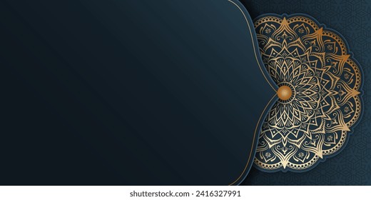 Islamic ramadan kareem eid mubarak arabic arabesque gold mandala invitation card empty horizontal background black banner design. Translation. "Muslim fasting month and celebration day after fasting."