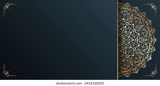 Islamic ramadan kareem eid mubarak arabic arabesque golden mandala invitation card empty horizontal background banner design. Translation. "Muslim fasting month and celebration day after fasting."