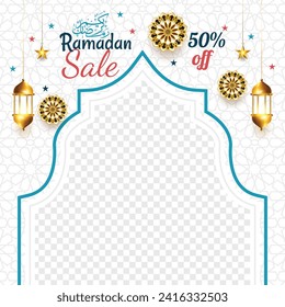 Islamic ramadan kareem eid mubarak arabic social media sale photo frame white ad banner design. Translation. "Muslim fasting month and celebration day after fasting."