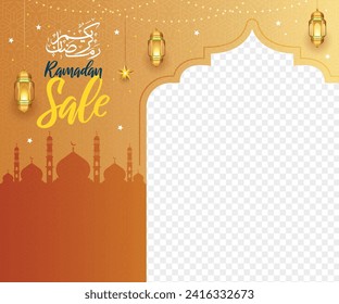 Islamic ramadan kareem eid mubarak arabic social media sale luxury photo frame ad banner design. Translation. "Muslim fasting month and celebration day after fasting."