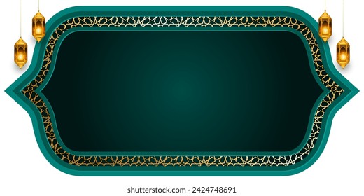 Islamic ramadan kareem eid mubarak arabic green arch pattern text box frame background template design illustration. Translation. "Muslim fasting month and celebration day after fasting."