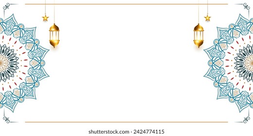 Islamic ramadan kareem eid mubarak arabic arabesque mandala blue invitation card empty horizontal background banner design. Translation. "Muslim fasting month and celebration day after fasting."