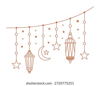 Ramadán islámico Kareem y Eid Mubarak Guirnalda con Linternas Colgantes y Adornos Arte vectorial