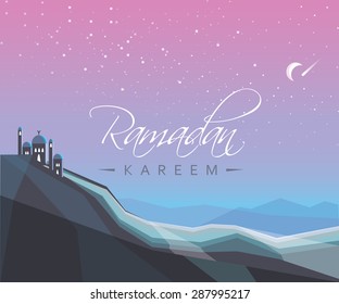 Islamic Ramadan Kareem festival greeting card landscape scenery with mosque under the purple moonlight sky filled with bright stars