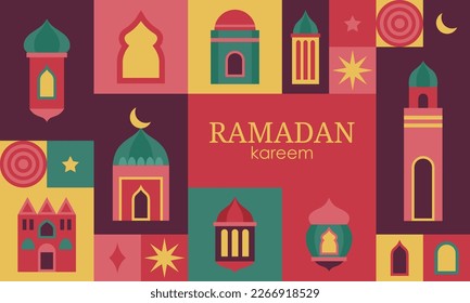 Islamic Ramadan Kareem holiday banner design with minimalistic icons of Mosque, dome and lantern. Vector illustration