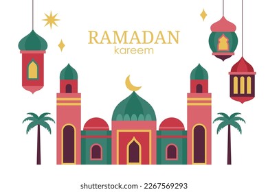 Islamic Ramadan Kareem holiday banner design with minimalistic of Mosque, dome and lantern isolated on white background. Vector illustration