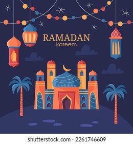 Islamic Ramadan Kareem holiday greeting card design with Mosque, dome and lantern decoration over night landscape. Cartoon style vector illustration