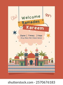 Islamic Ramadan Kareem Iftar Party Invitation Layout. Islamic holiday vector illustrations, Arabic architecture, mosque, objects and background for a poster, banner or card