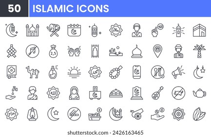 Conjunto de iconos de línea vectorial de Kareem islámico y Ramadán. Contienen iconos de contorno lineal como el Islam, Eid Mubarak, Mezquita, Musulmán, Ramadán, Meca, Linterna, Camello, Corán, Oración, Hajj, Luna. Uso y trazo editables