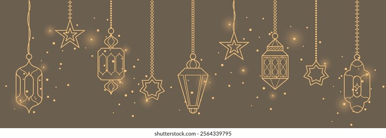 Islamic Ramadan lanterns and lamps set. Middle East antique kerosene hanging light underline or border. Arabian lamp lantern decorations for Ramadan Kareem and Eid Mubarak greetings.