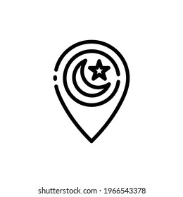 Islamic Ramadan Location Pin Vector Icon in Outline Style. Location Pins with crescent and star indicate places of worship. Vector illustration icons can be used for apps, websites, or part of a logo.