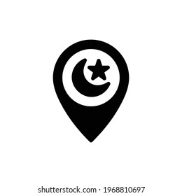 Islamic Ramadan Location Pin Vector Icon in Glyph Style. Location Pins with crescent and star indicate places of worship. Vector illustration icons can be used for apps, websites, or part of a logo.