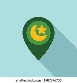 Icono vectorial de la ubicación islámica del Ramadán en estilo plano con la media luna y la estrella indican lugares de culto. Los iconos de ilustración vectorial se pueden utilizar para aplicaciones, sitios web o parte de un logotipo.