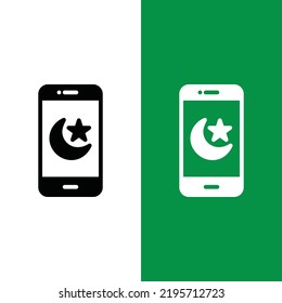Islamic Ramadan Mobile Phone Vector Icon in Glyph Style. Smartphone with crescent moon and star shows Islamic ramadan apps. Vector illustration icons can be used for apps, websites, or part of a logo.