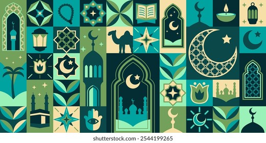 O padrão geométrico moderno do Ramadã Islâmico é um fundo com mesquita muçulmana e livro do Alcorão, símbolo vetorial. Ramadã Kareem Islã feriado religioso fundo com mesquita árabe e lua crescente