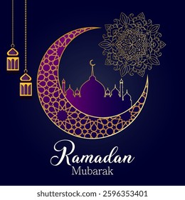 Islamic Ramadan Mubarak Background with Luxurious Crescent Moon Arabic Lanterns Mosque and Floral Mandala  Perfect for Eid Celebrations Social Media and Festive Invitations

