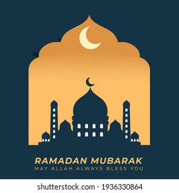 Islamic Ramadan Mubarak Greeting and Wishes with Masjid Illustration and Gold Sunset and Crescent Moon Background