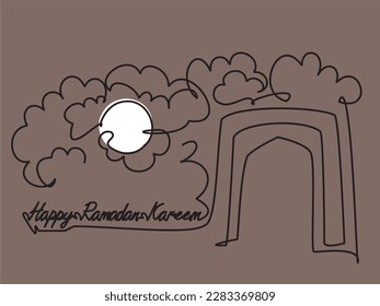 Islamic Ramadan Night Icon. One continuous simple line drawing of the mosque's gate which is foggy at night with the full moon shining bright. One line themed Happy Ramadan Kareem.